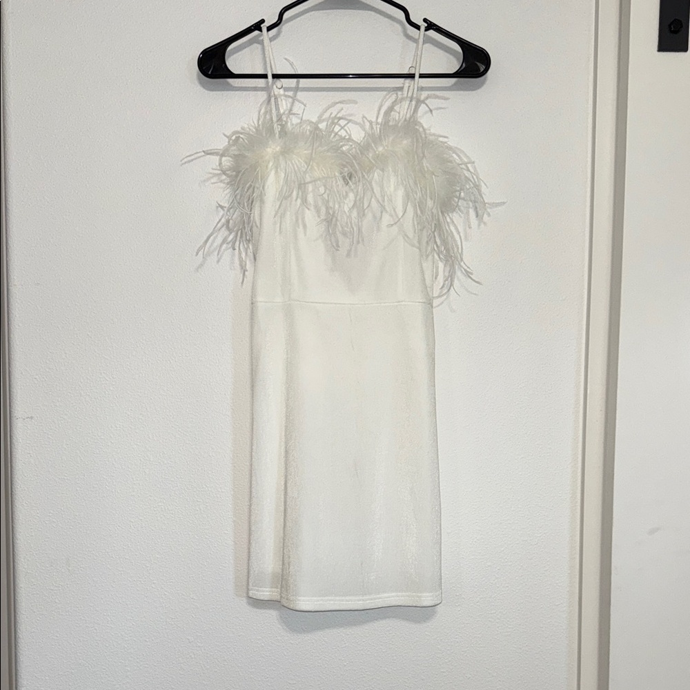 White Feather Trim Mini Dress